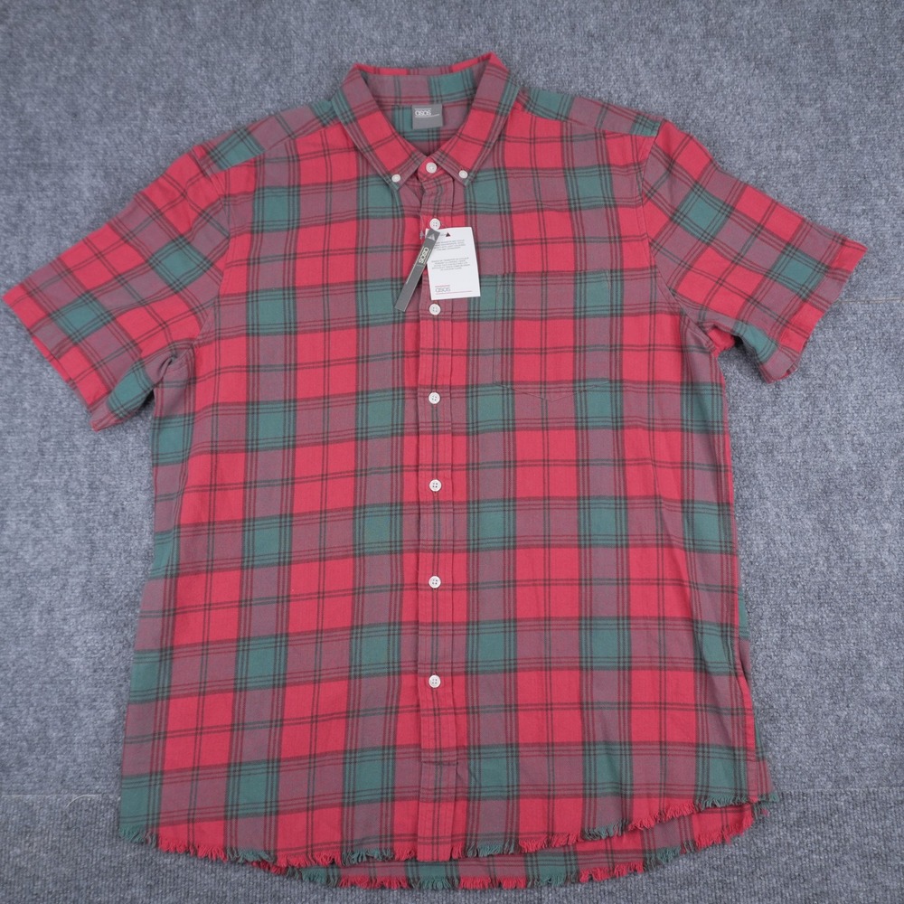 ASOS Button Down Shirt Mens XL Red Green Plaid Short Sleeve Frayed Hem 04457968